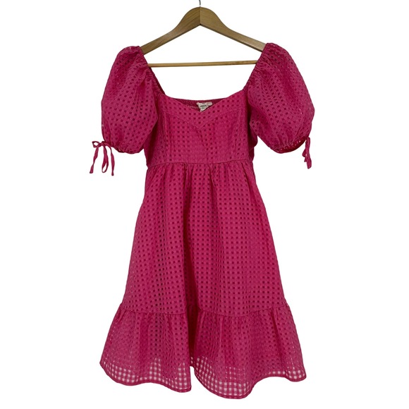 entro Dresses & Skirts - Entro Pink Gingham Puff Sleeve Smocked Ruffle Dress Coquette Girly Size Small